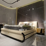 Creamy Ivory Upholstered Bed with Diamond-Quilted Detailing, Gilded Emblem & High-Gloss Natural Wood Veneer Trim